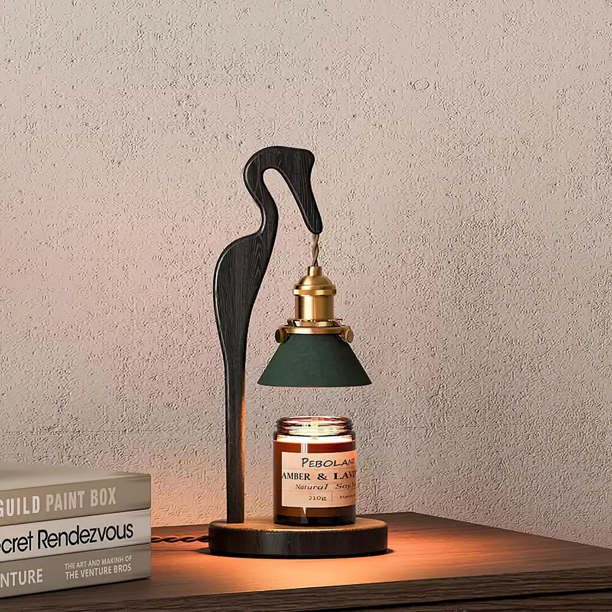 Walnut Heron Sculptural Table Lamp with Candle Warmer – Brass & Forest Green