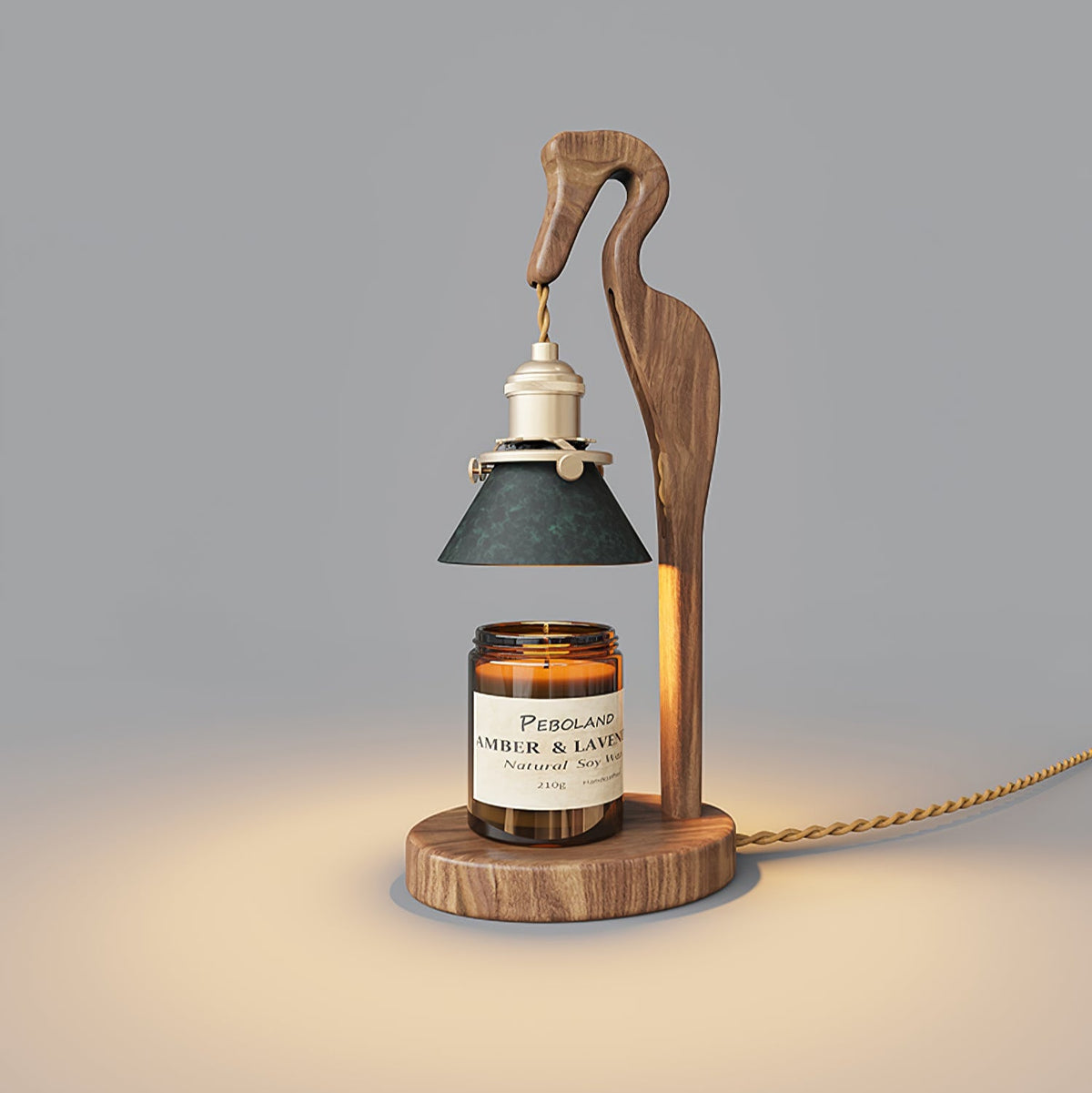 Walnut Heron Sculptural Table Lamp with Candle Warmer – Brass & Forest Green