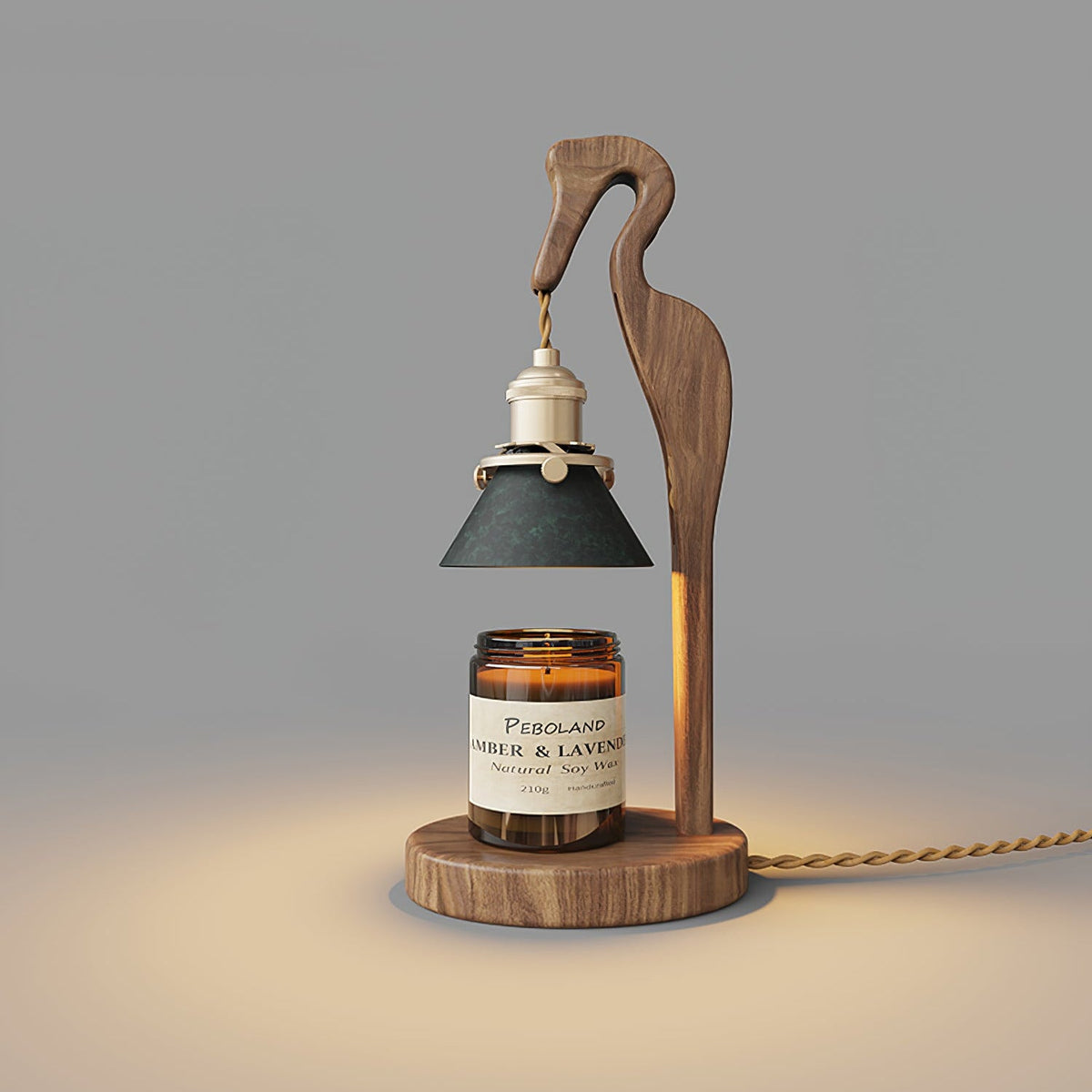 Walnut Heron Sculptural Table Lamp with Candle Warmer – Brass & Forest Green