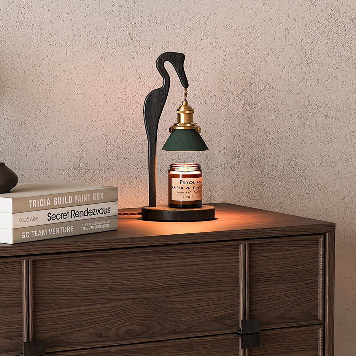 Walnut Heron Sculptural Table Lamp with Candle Warmer – Brass & Forest Green