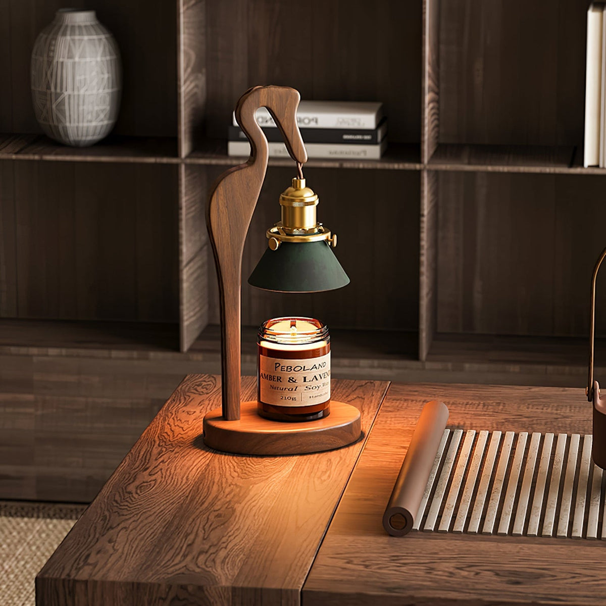 Walnut Heron Sculptural Table Lamp with Candle Warmer – Brass & Forest Green