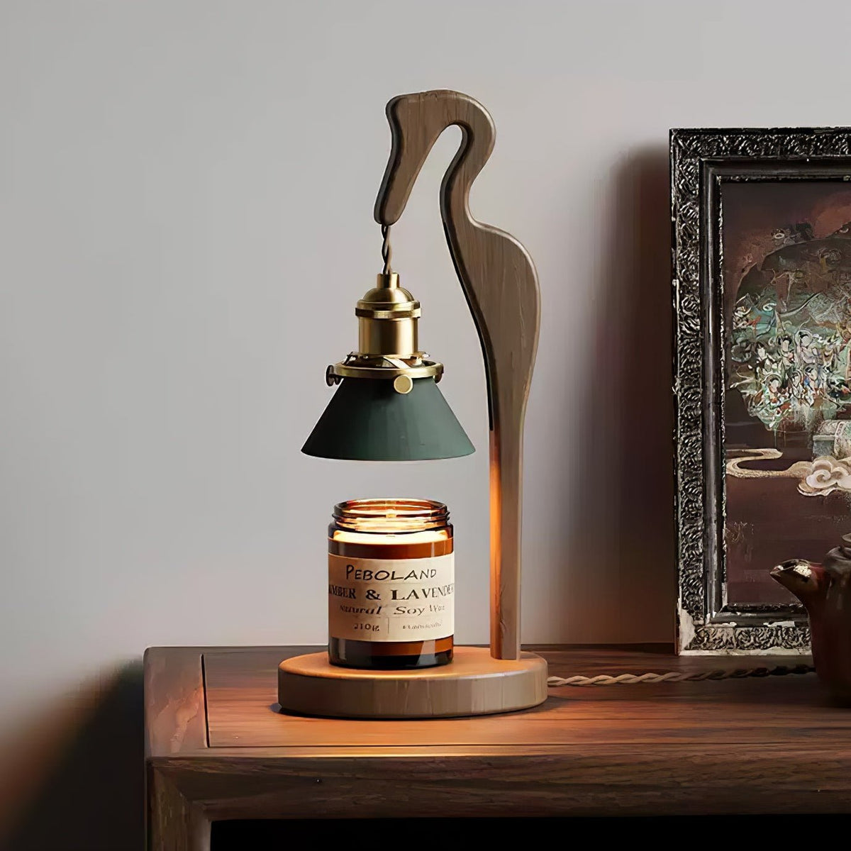 Walnut Heron Sculptural Table Lamp with Candle Warmer – Brass & Forest Green