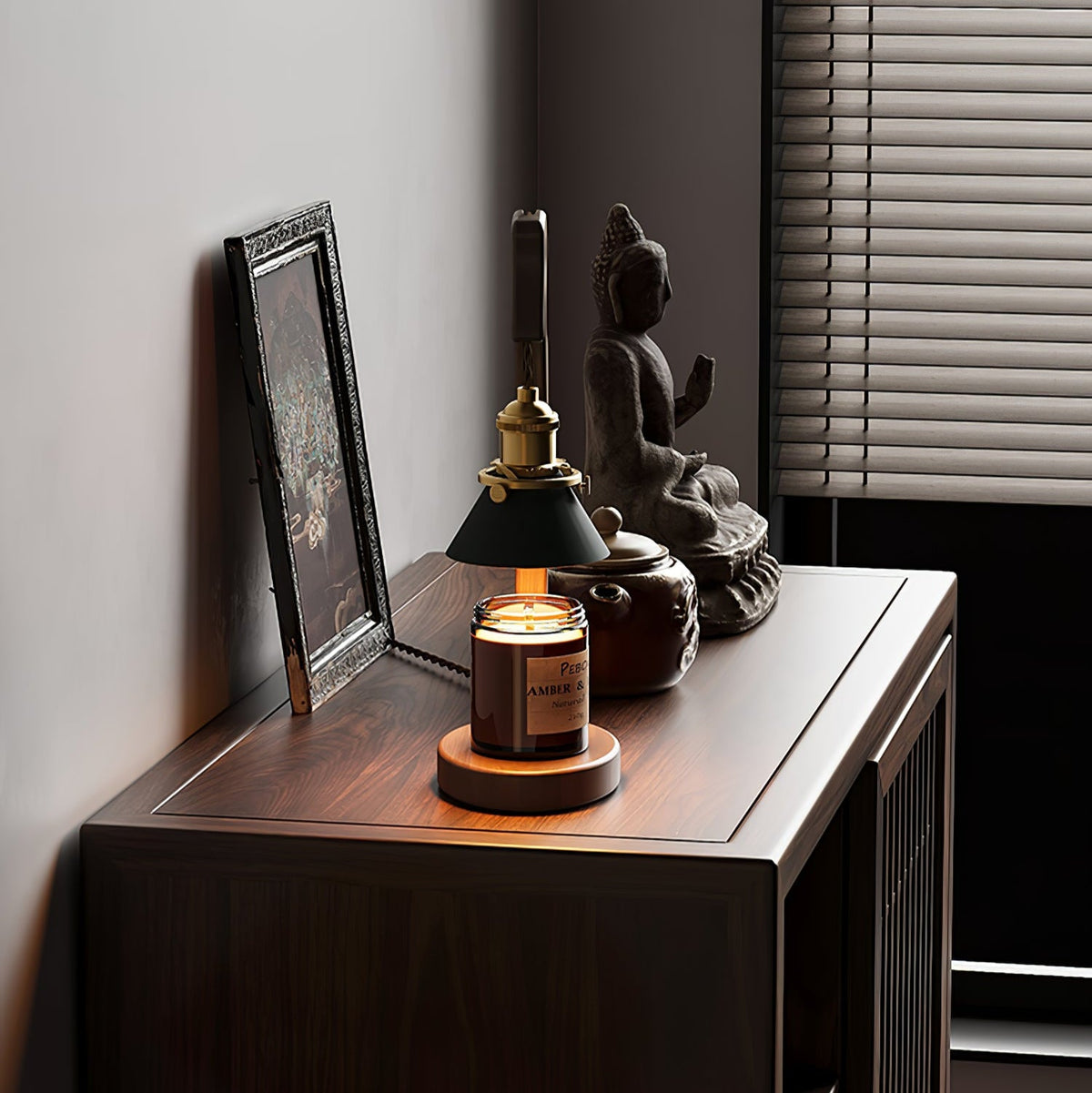 Walnut Heron Sculptural Table Lamp with Candle Warmer – Brass & Forest Green