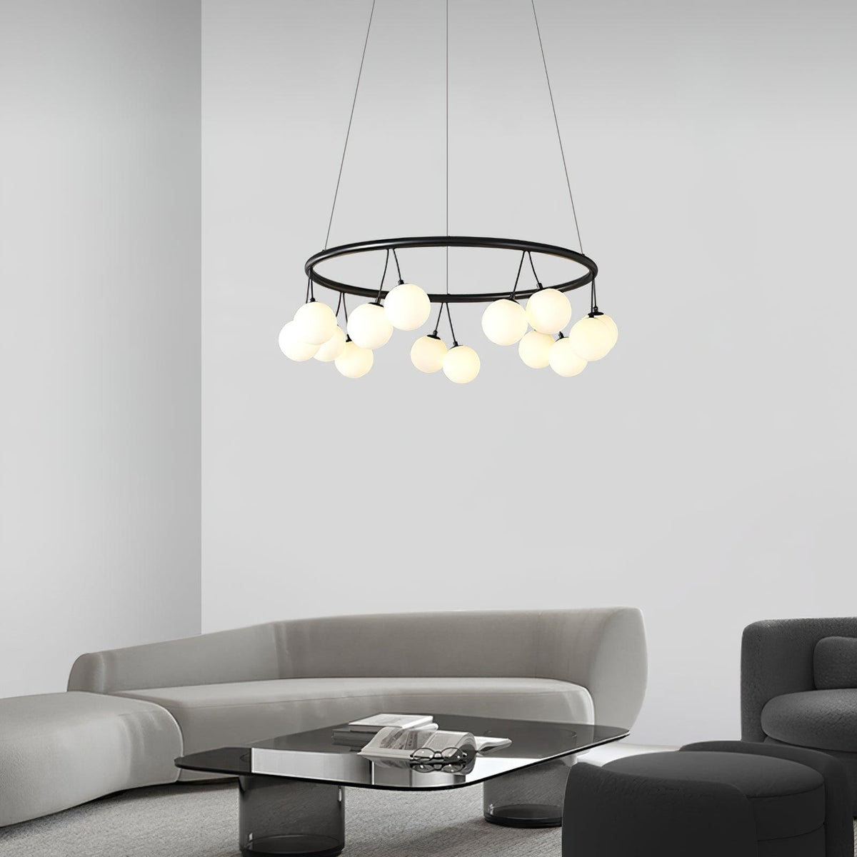 Heronia Modern Glass Chandelier with Black Metal Frame