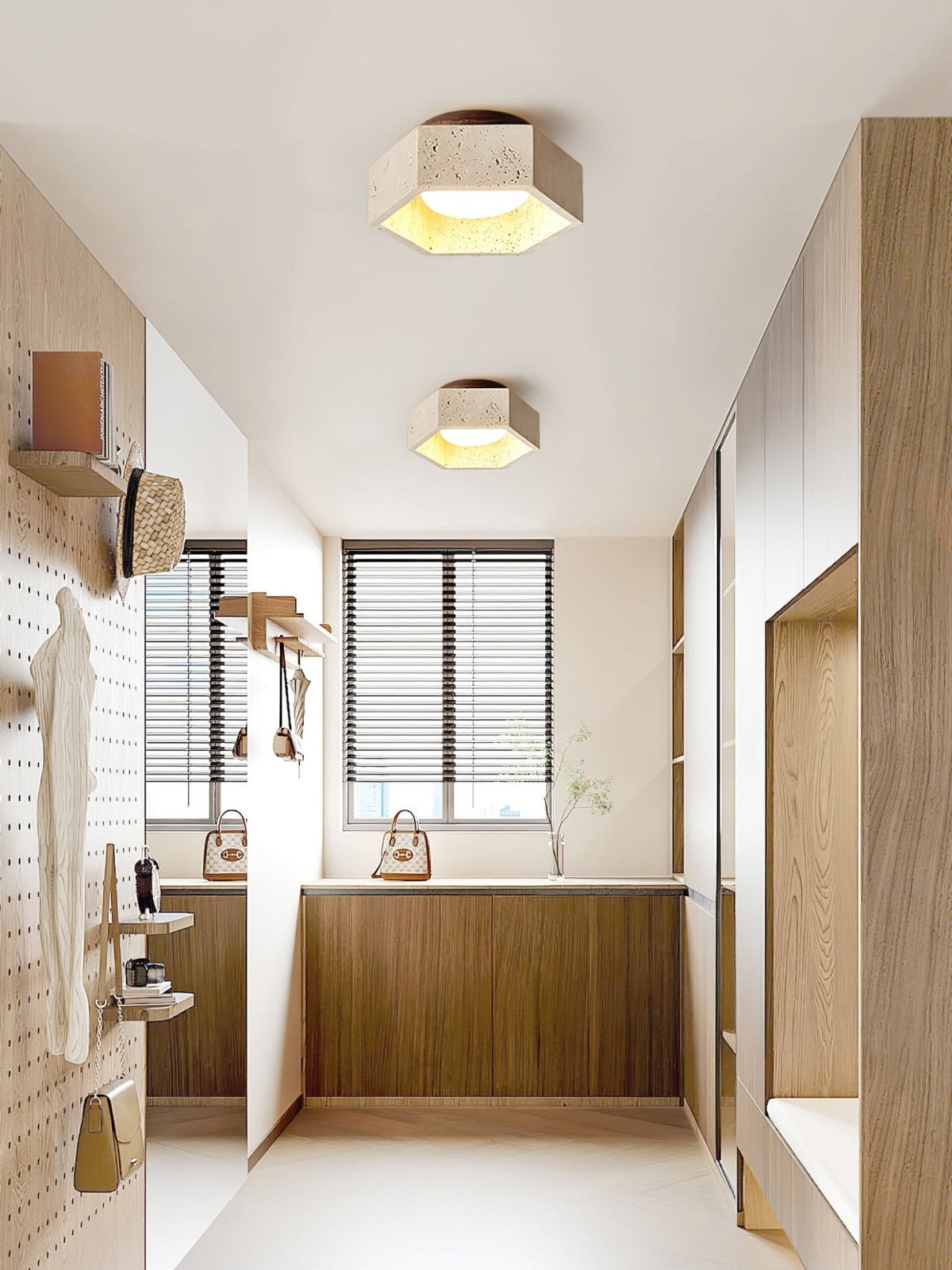 Hexa Core Travertine Ceiling Light – Modern Flush Mount for Living Spaces