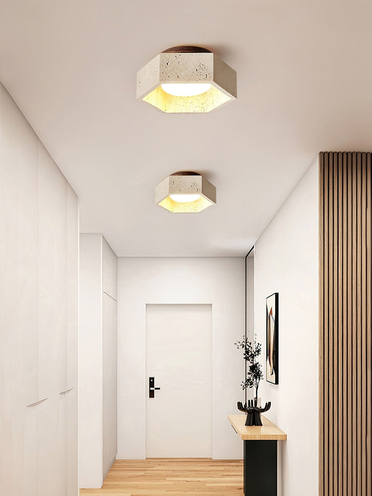 Hexa Core Travertine Ceiling Light – Modern Flush Mount for Living Spaces