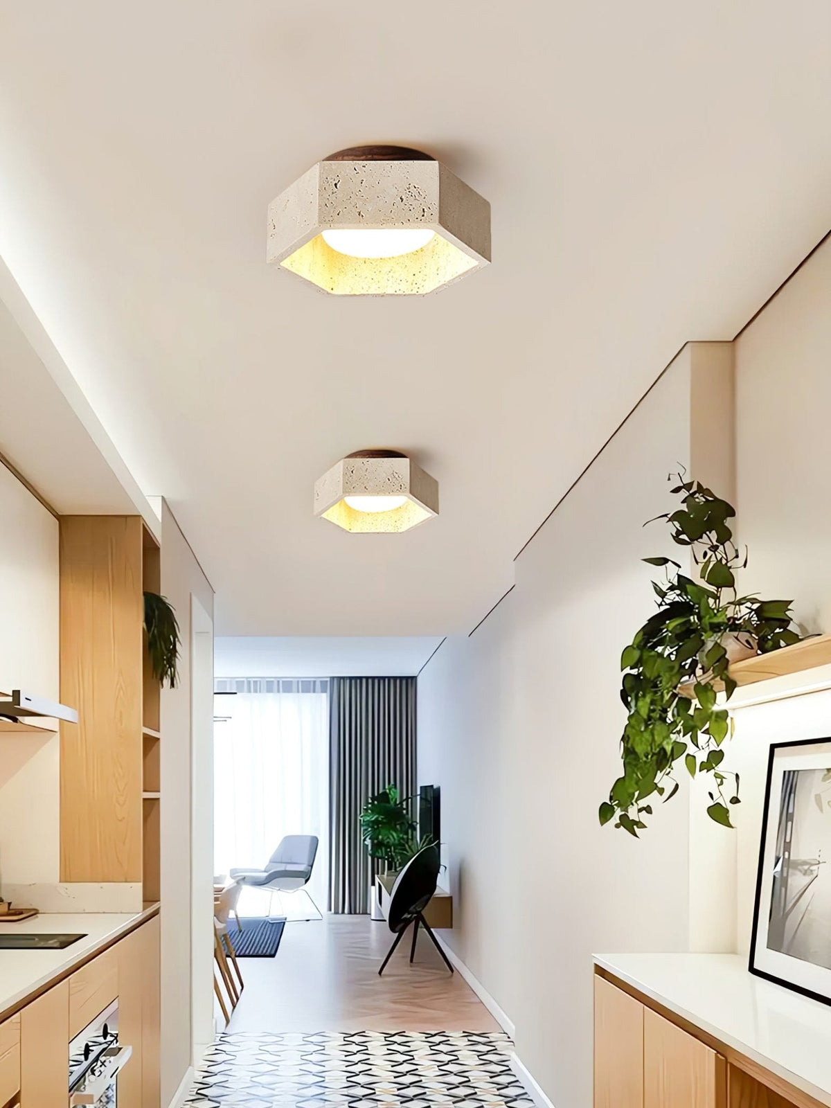 Hexa Core Travertine Ceiling Light – Modern Flush Mount for Living Spaces