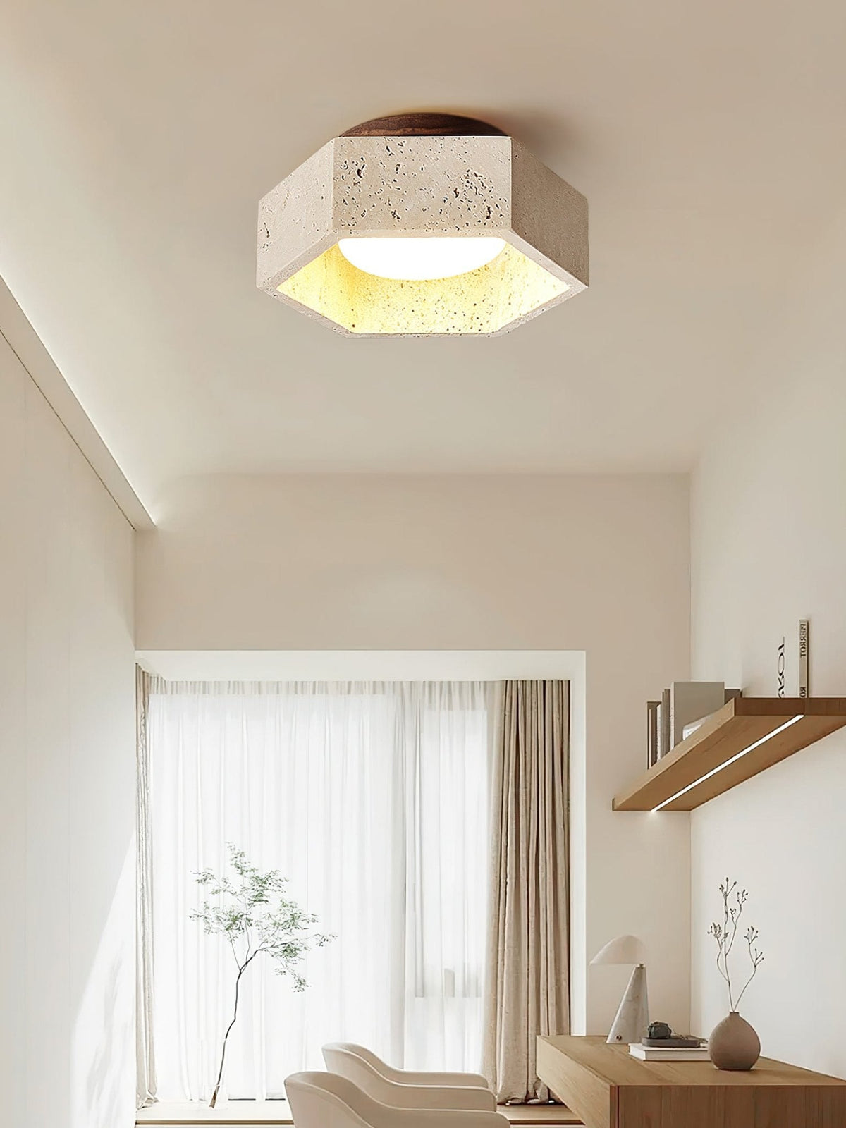 Hexa Core Travertine Ceiling Light – Modern Flush Mount for Living Spaces