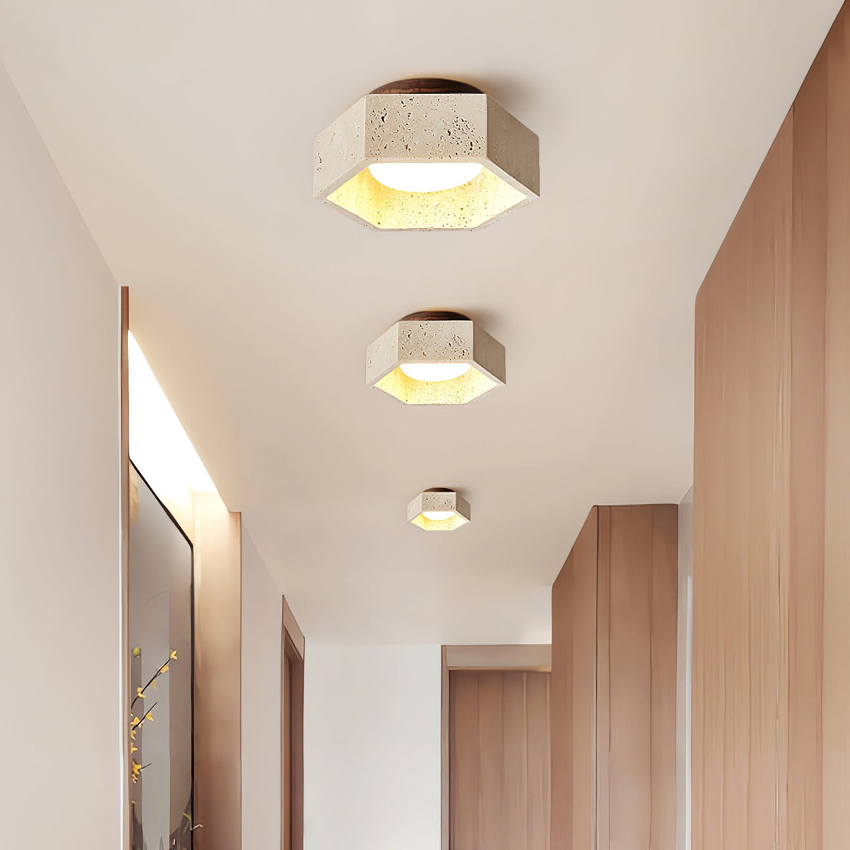 Hexa Core Travertine Ceiling Light – Modern Flush Mount for Living Spaces