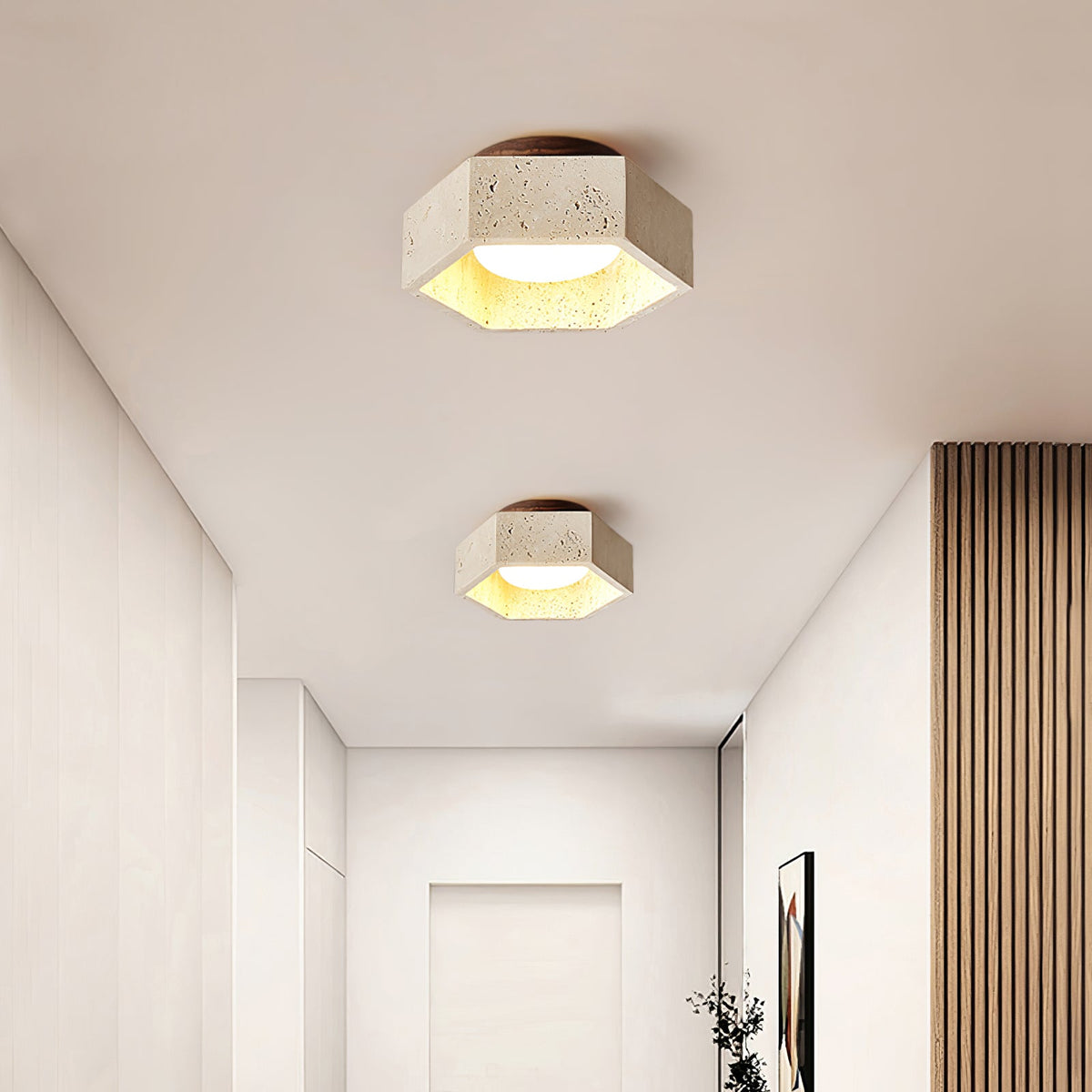 Hexa Core Travertine Ceiling Light – Modern Flush Mount for Living Spaces