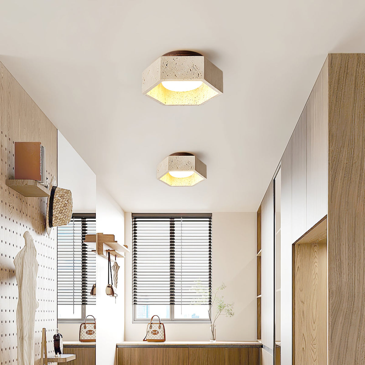 Hexa Core Travertine Ceiling Light – Modern Flush Mount for Living Spaces
