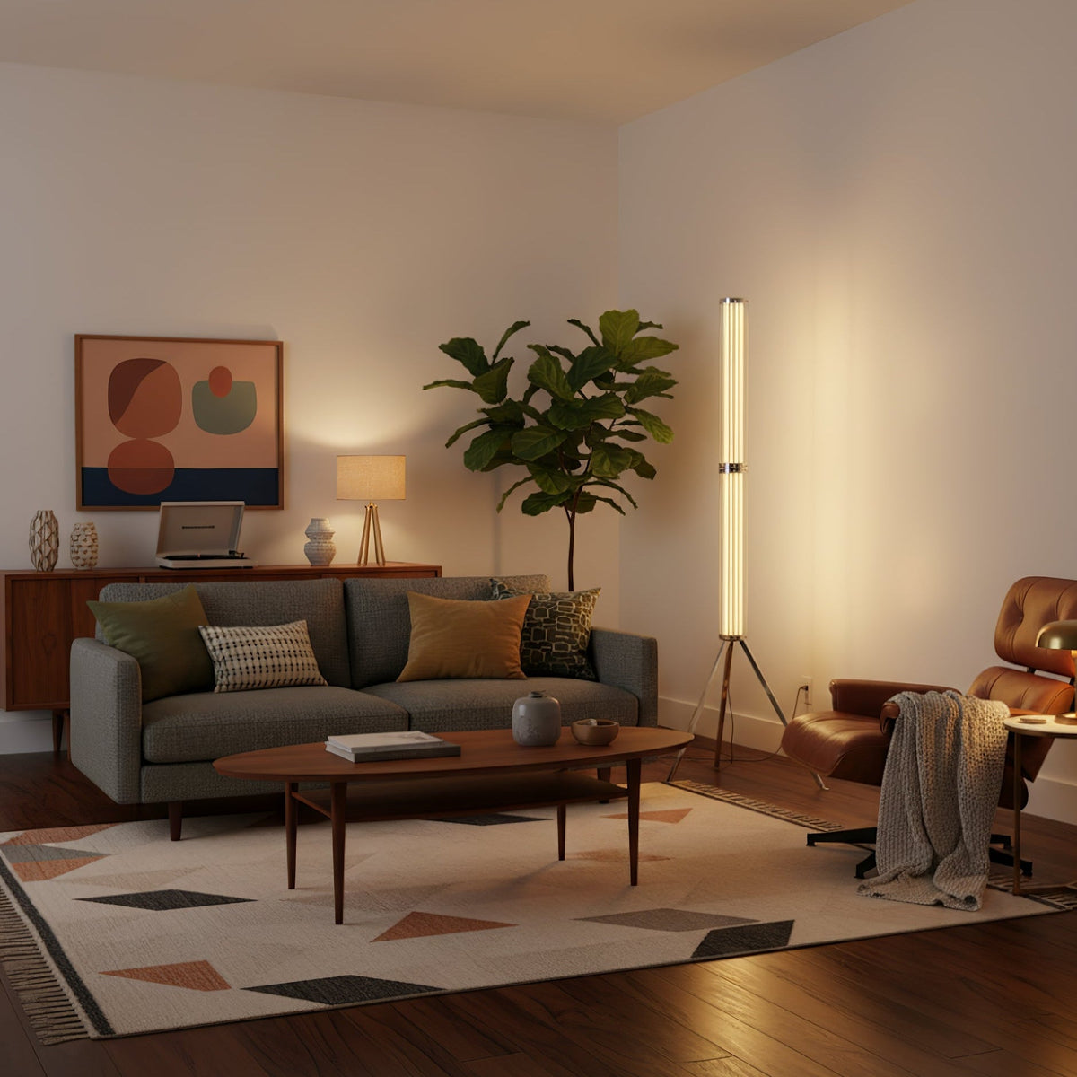 Hexagonal Glass Floor Lamp with Chrome Tripod Base