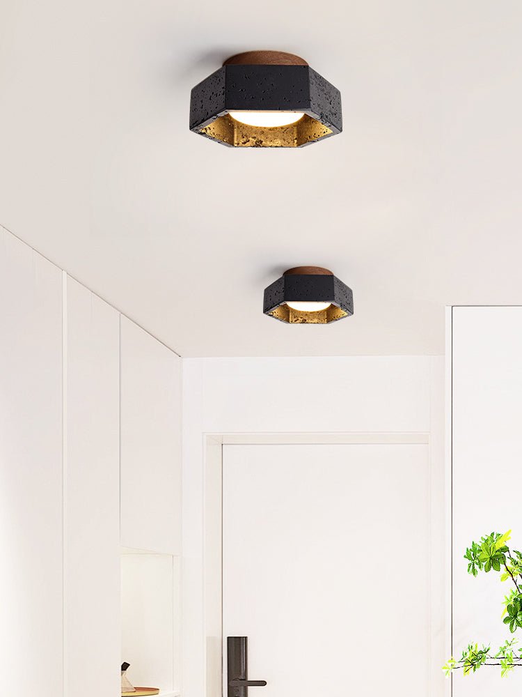 Hexarion Hexagonal Black Travertine Ceiling Light with Gold Interior