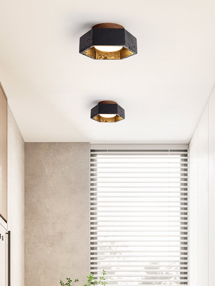 Hexarion Hexagonal Black Travertine Ceiling Light with Gold Interior