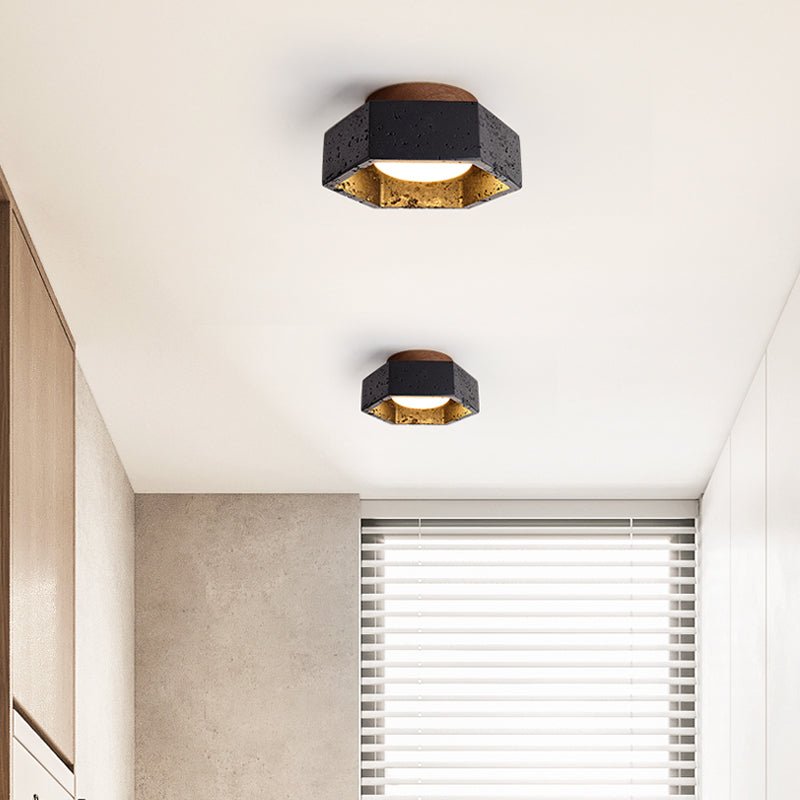 Hexarion Hexagonal Black Travertine Ceiling Light with Gold Interior