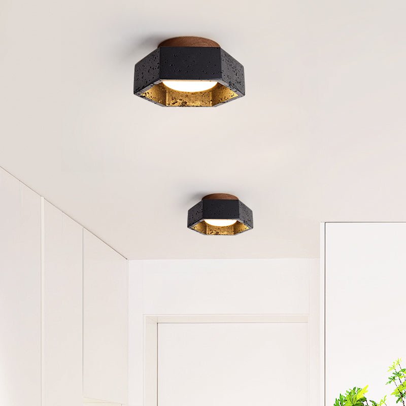 Hexarion Hexagonal Black Travertine Ceiling Light with Gold Interior