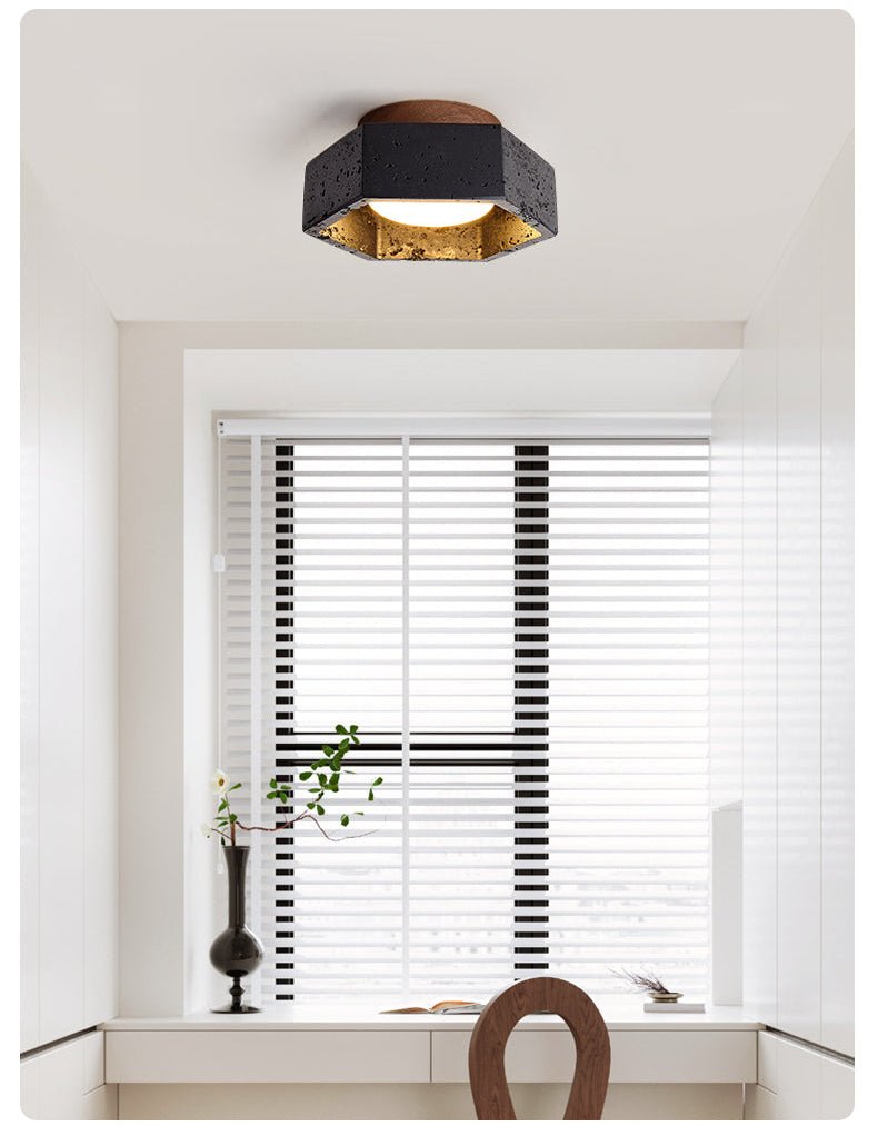 Hexarion Hexagonal Black Travertine Ceiling Light with Gold Interior