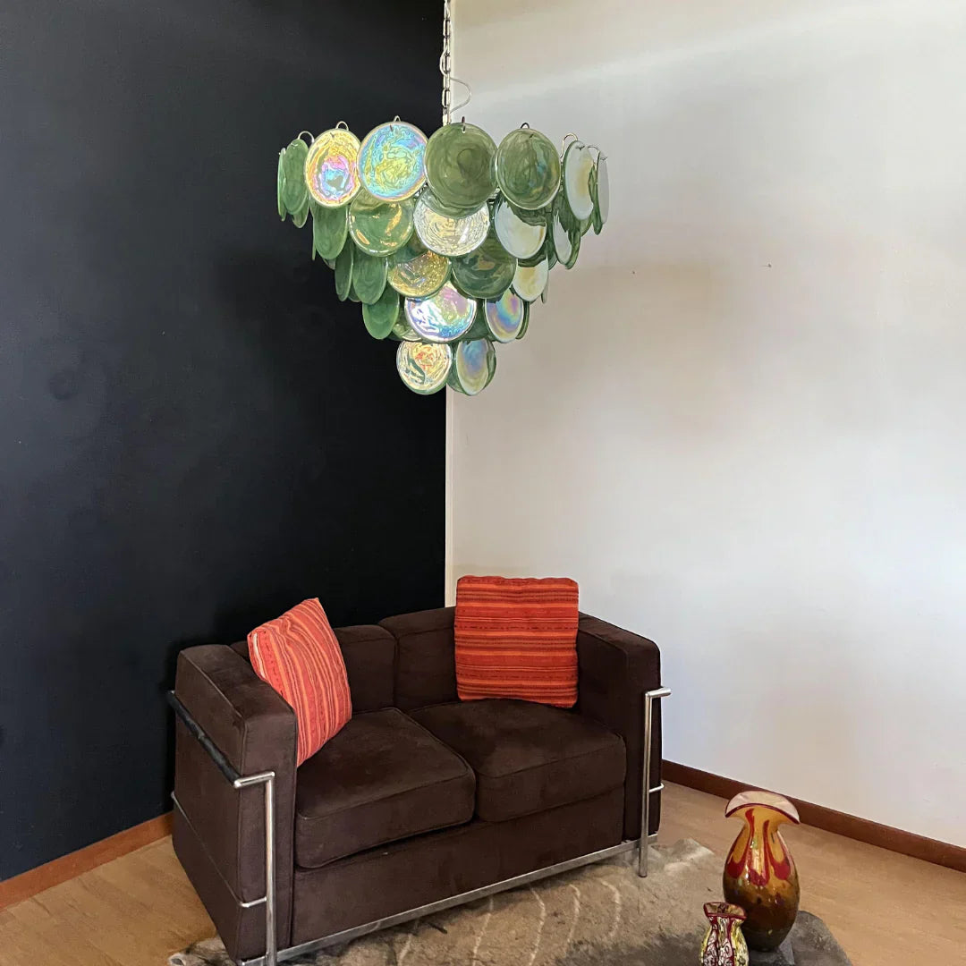 Elegant Green Murano Iridescent Disc Chandelier