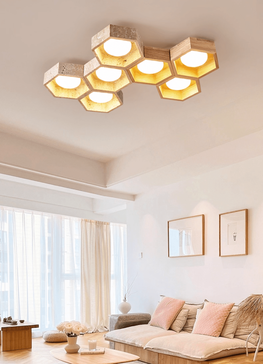 Honeycomb Travertine Ceiling Light – Natural Stone Flush Mount