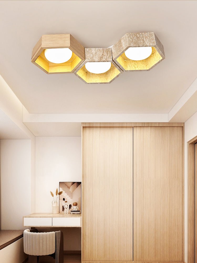 Honeycomb Travertine Ceiling Light – Natural Stone Flush Mount
