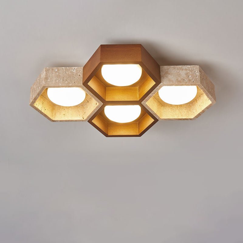 Honeycomb Travertine Ceiling Light – Natural Stone Flush Mount