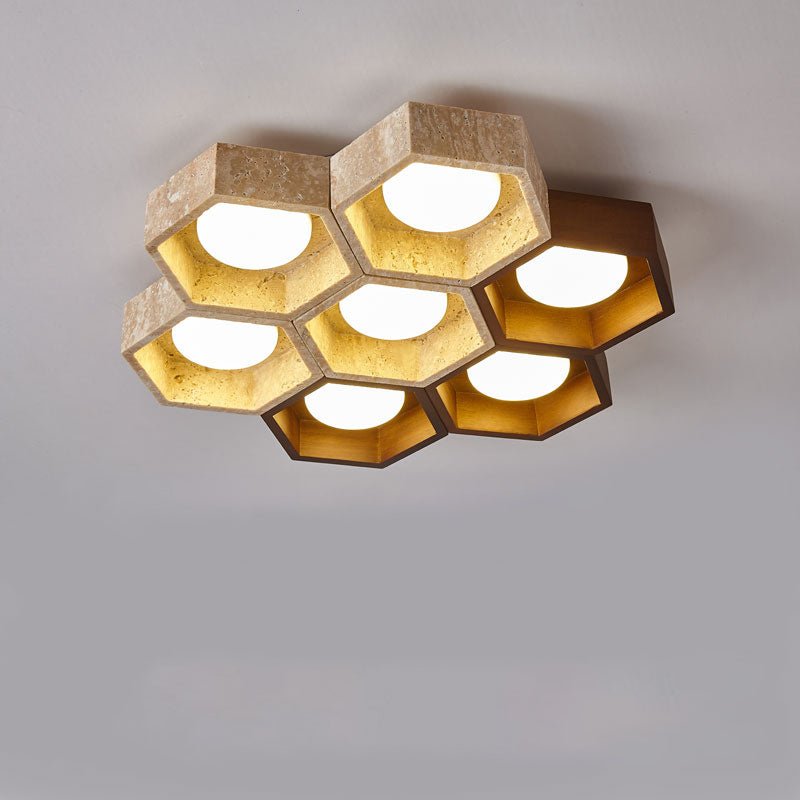 Honeycomb Travertine Ceiling Light – Natural Stone Flush Mount