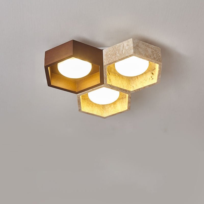 Honeycomb Travertine Ceiling Light – Natural Stone Flush Mount