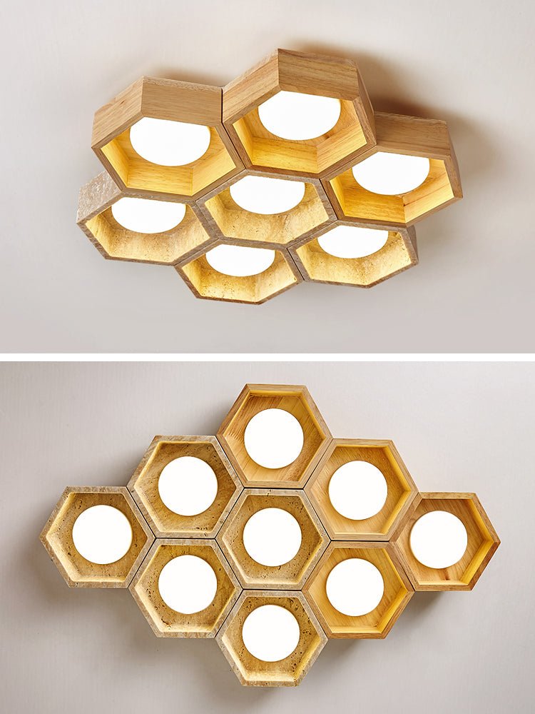 Honeycomb Travertine Ceiling Light – Natural Stone Flush Mount