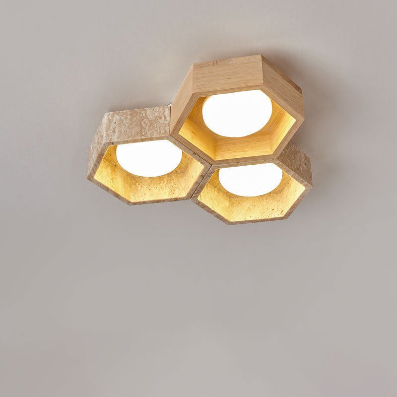 Honeycomb Travertine Ceiling Light – Natural Stone Flush Mount
