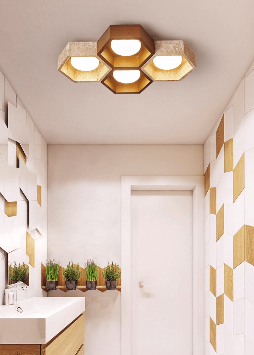 Honeycomb Travertine Ceiling Light – Natural Stone Flush Mount