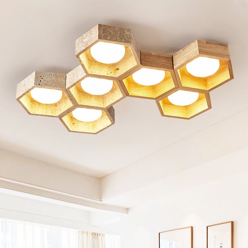 Honeycomb Travertine Ceiling Light – Natural Stone Flush Mount