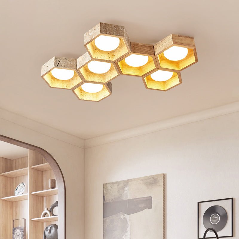 Honeycomb Travertine Ceiling Light – Natural Stone Flush Mount