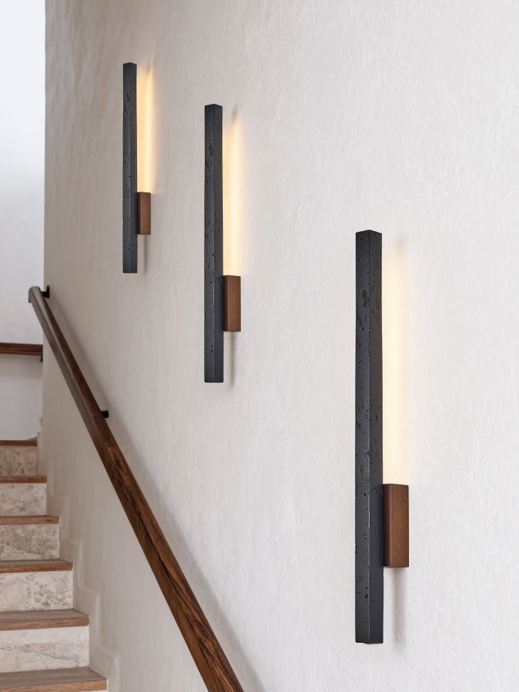 Horizon Pillar Sconce — Black Travertine & Walnut Wall Light