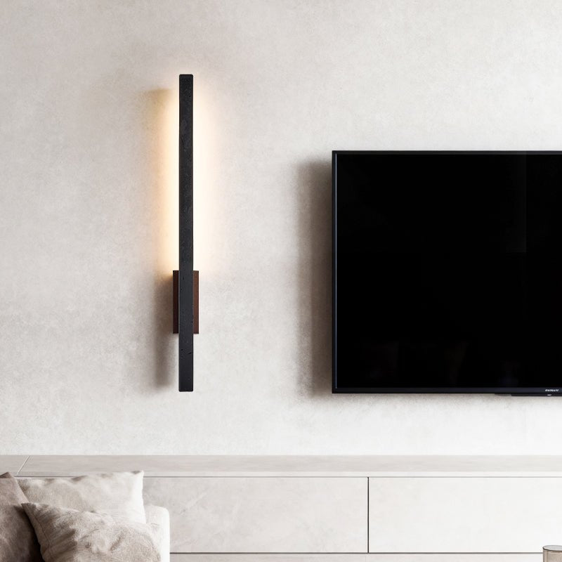 Horizon Pillar Sconce — Black Travertine & Walnut Wall Light