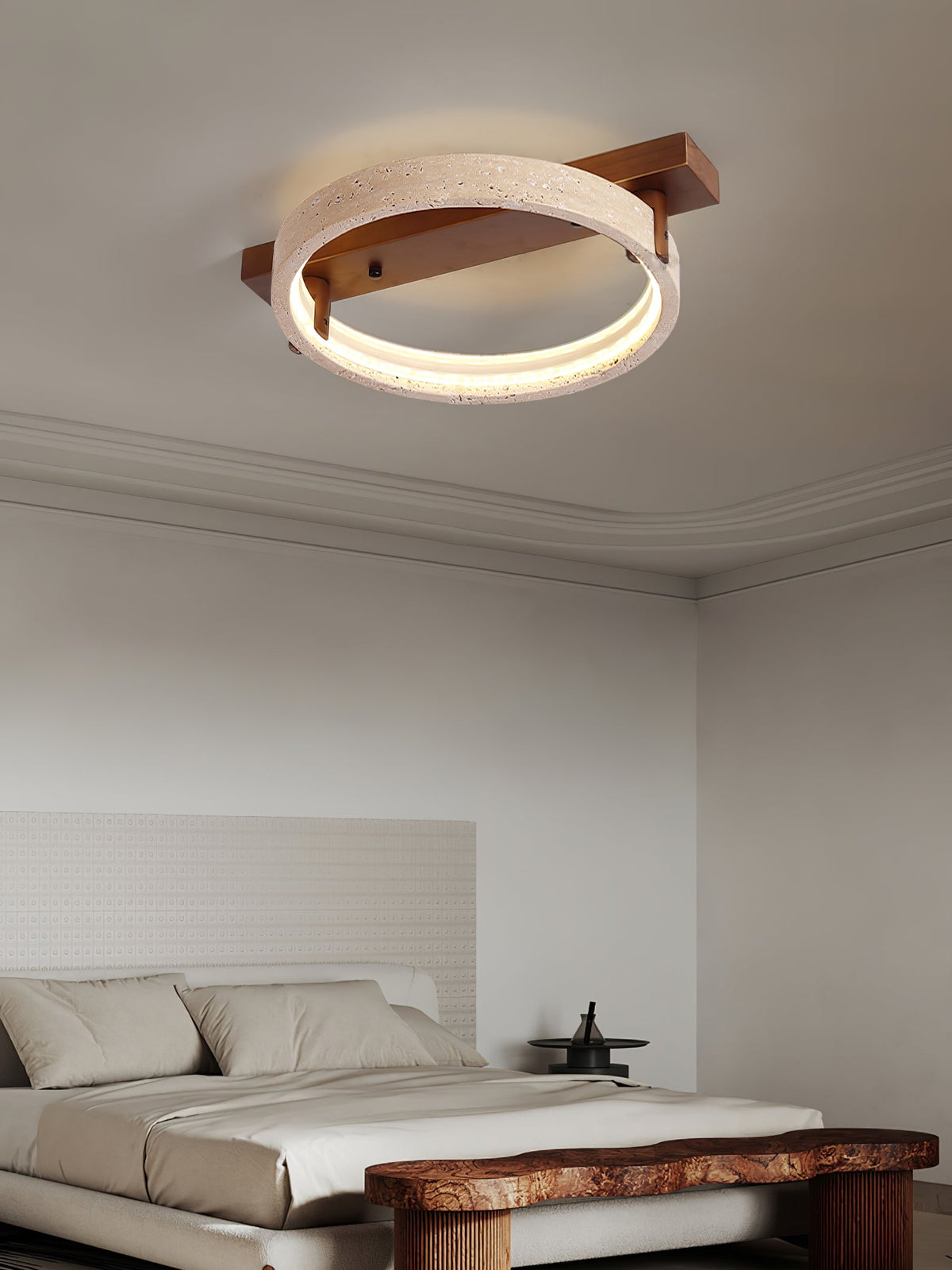 Horizon Ring Ceiling Lamp in Natural Travertine | Modern Flush Mount LED Light