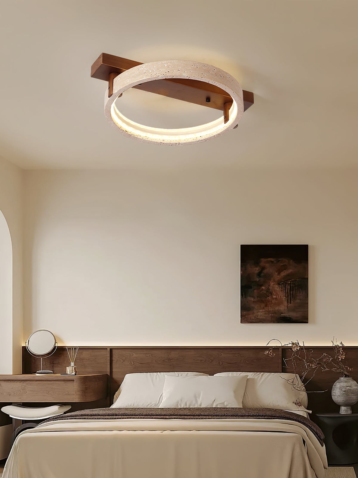 Horizon Ring Ceiling Lamp in Natural Travertine | Modern Flush Mount LED Light
