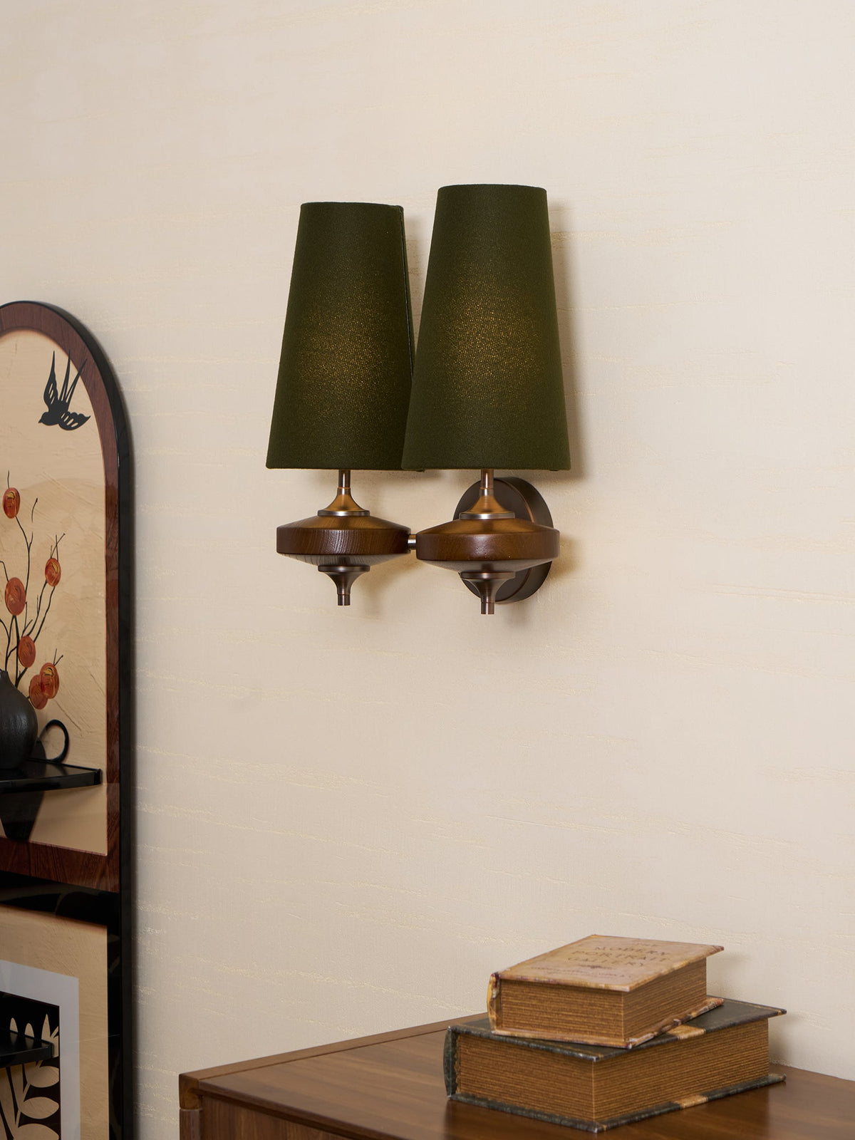 Orlan Twin Fabric Shade Wall Sconce in Walnut and Bronze
