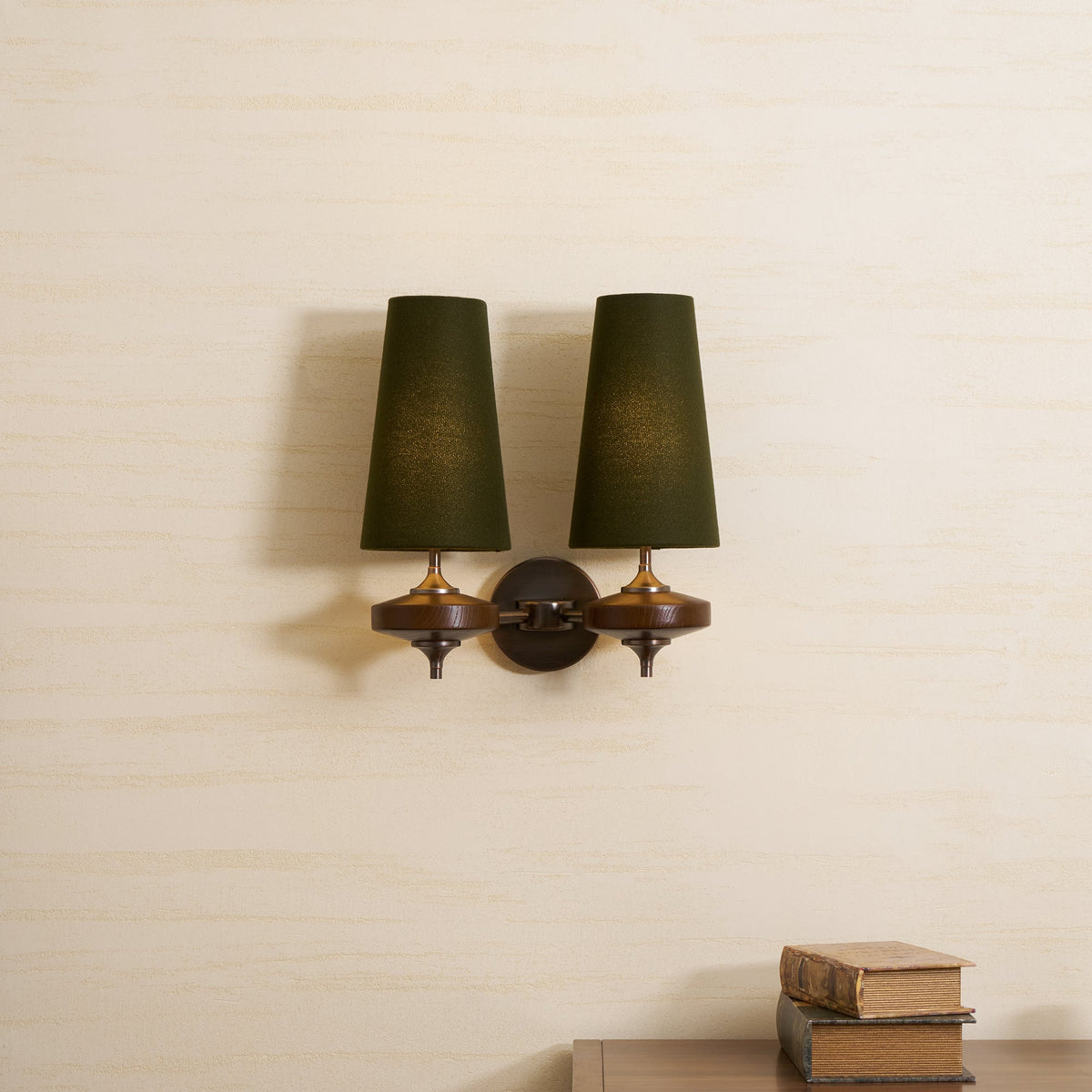 Orlan Twin Fabric Shade Wall Sconce in Walnut and Bronze