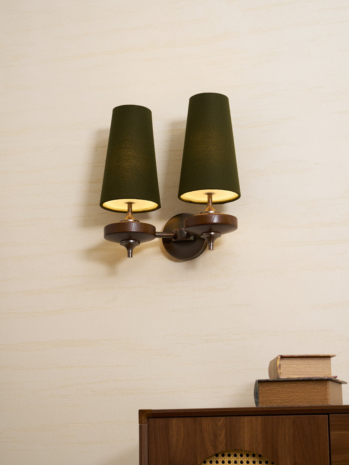 Orlan Twin Fabric Shade Wall Sconce in Walnut and Bronze