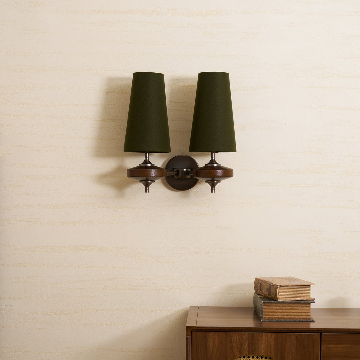 Orlan Twin Fabric Shade Wall Sconce in Walnut and Bronze