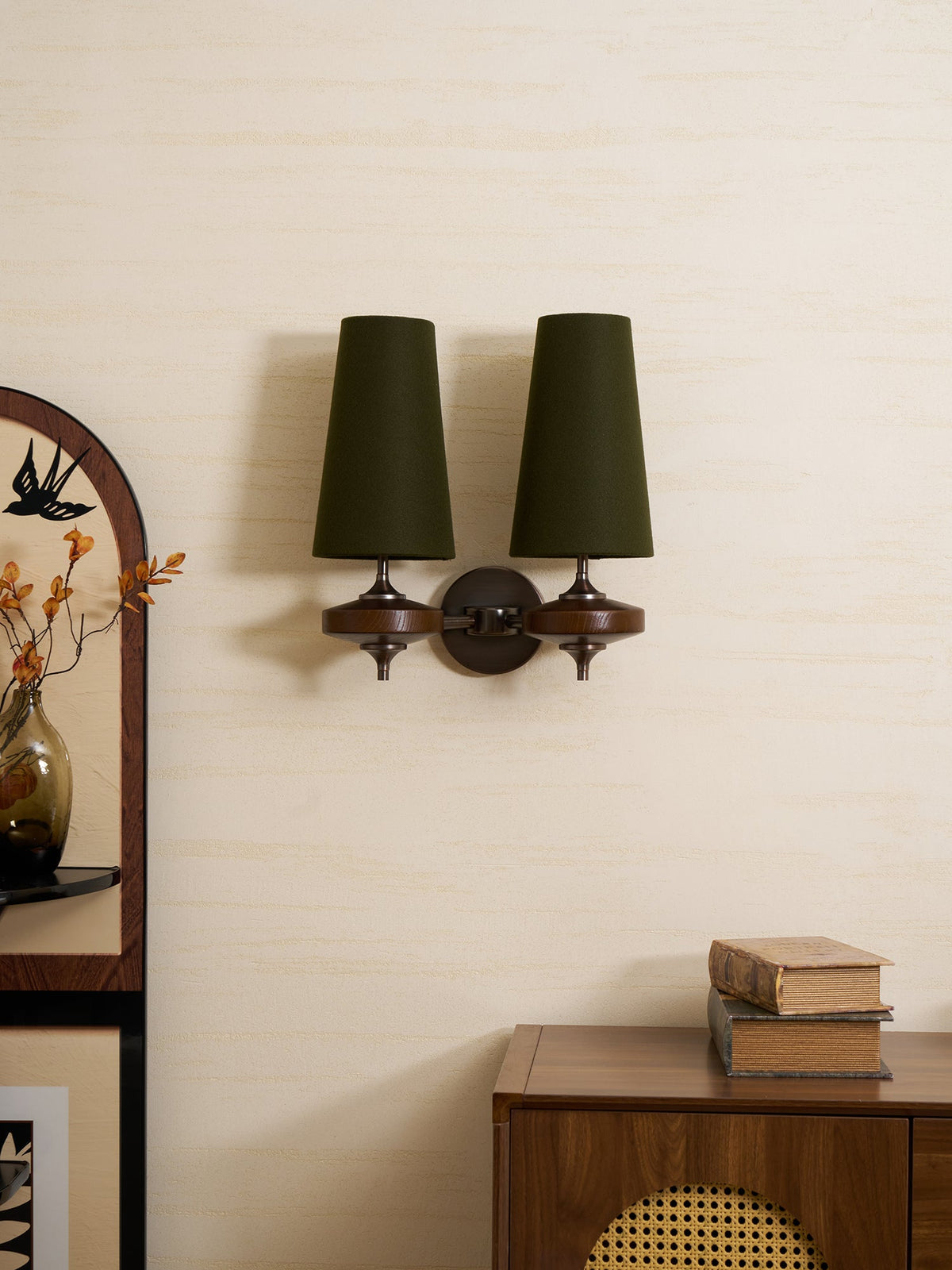Orlan Twin Fabric Shade Wall Sconce in Walnut and Bronze