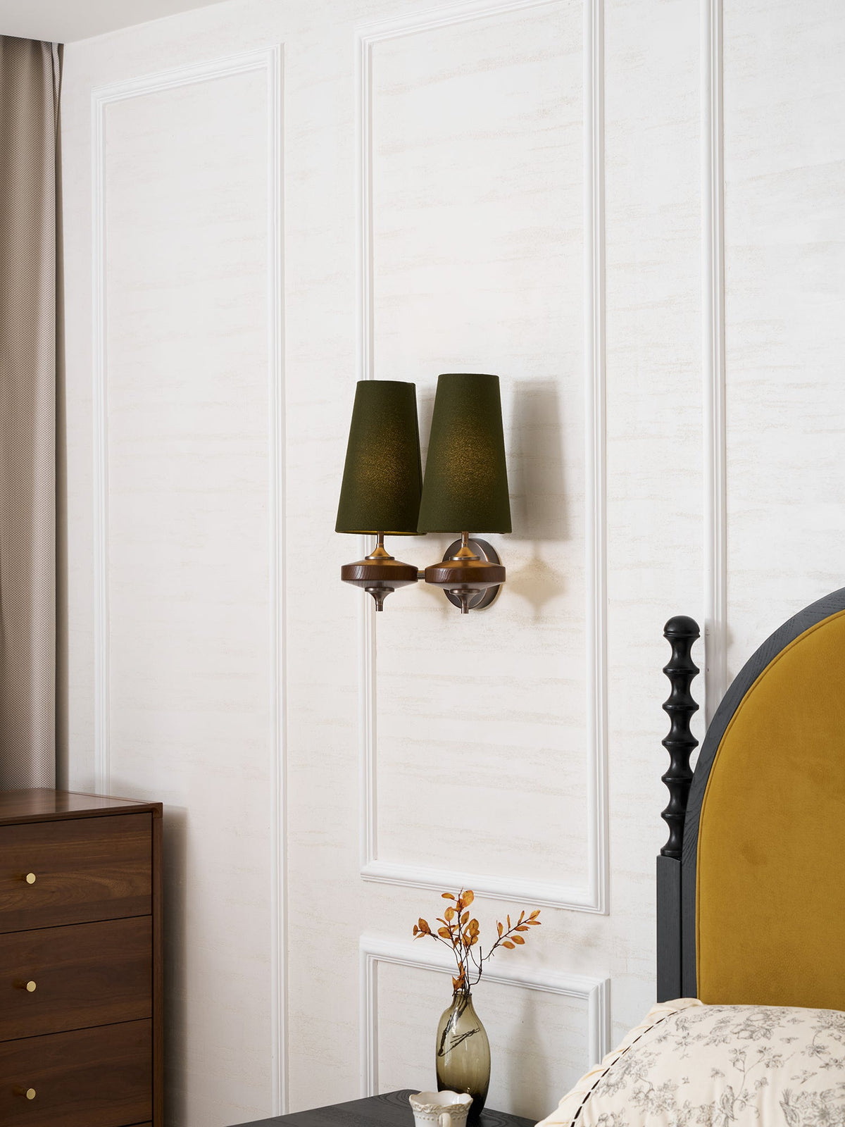 Orlan Twin Fabric Shade Wall Sconce in Walnut and Bronze
