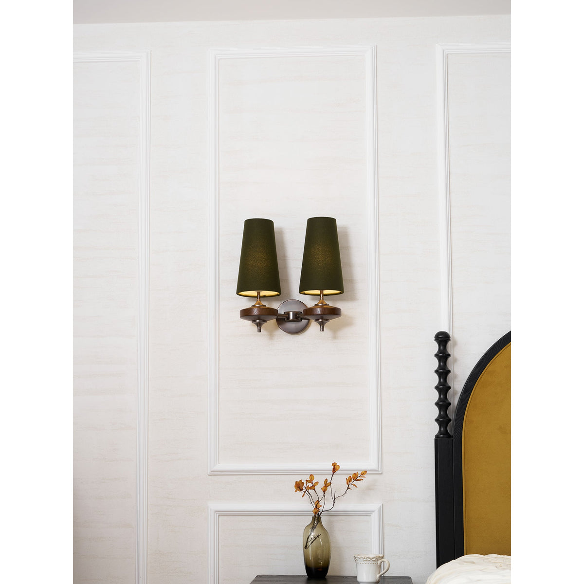 Orlan Twin Fabric Shade Wall Sconce in Walnut and Bronze