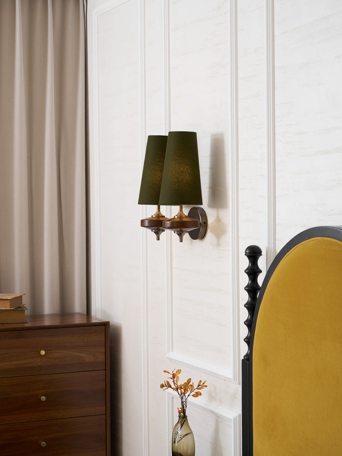Orlan Twin Fabric Shade Wall Sconce in Walnut and Bronze