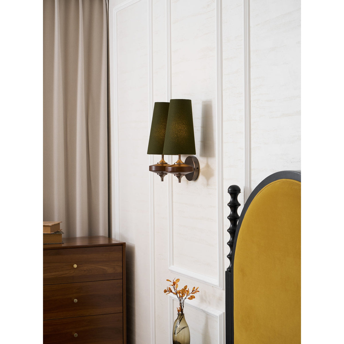 Orlan Twin Fabric Shade Wall Sconce in Walnut and Bronze