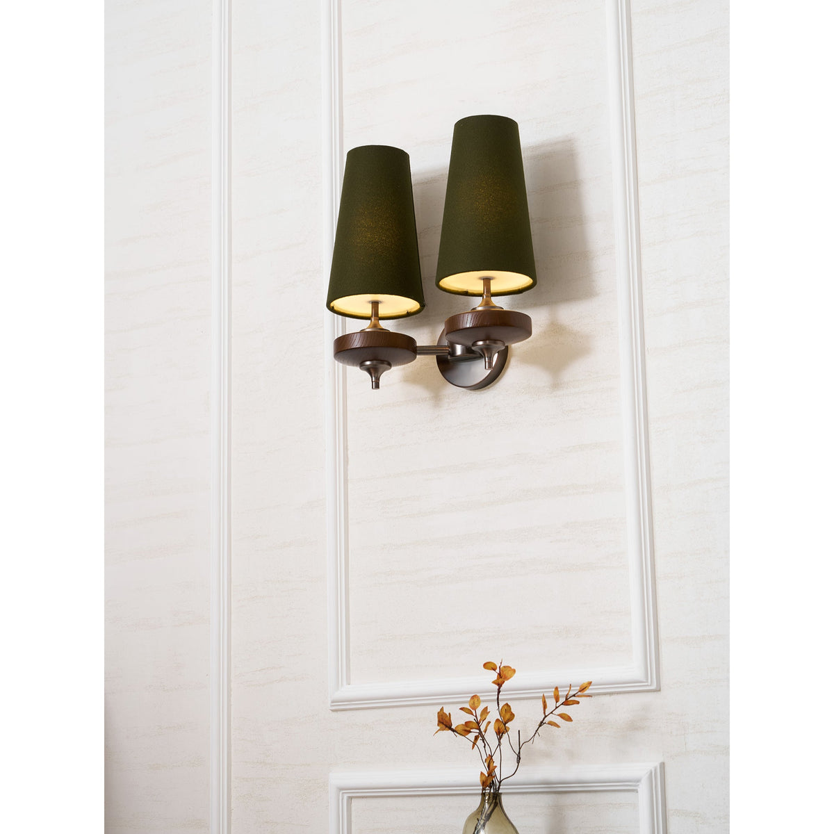 Orlan Twin Fabric Shade Wall Sconce in Walnut and Bronze