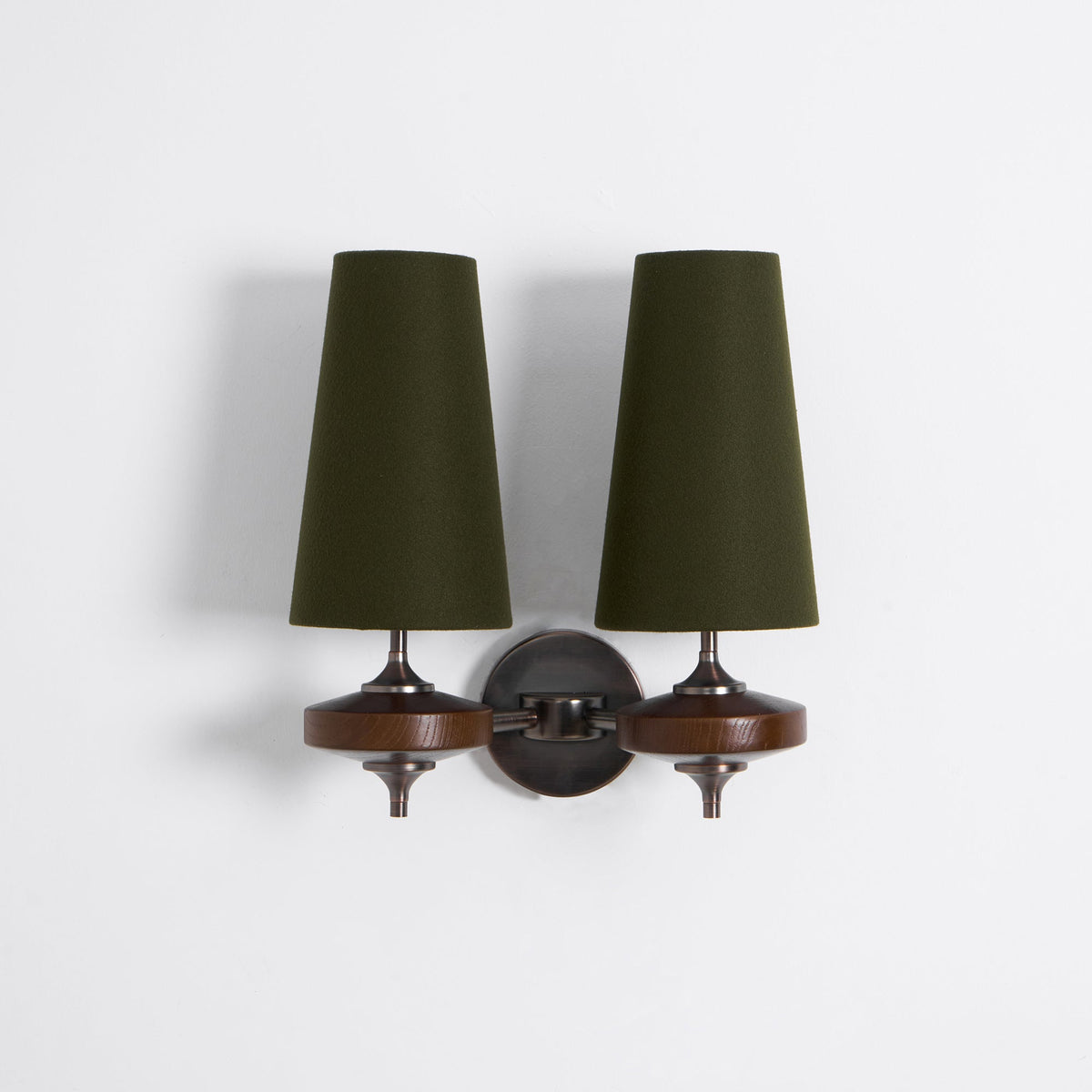 Orlan Twin Fabric Shade Wall Sconce in Walnut and Bronze