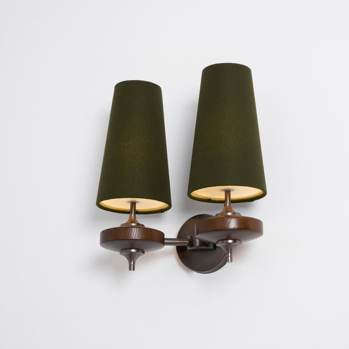Orlan Twin Fabric Shade Wall Sconce in Walnut and Bronze