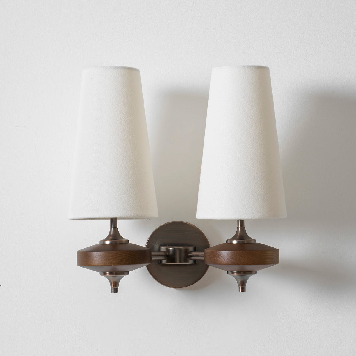Orlan Twin Fabric Shade Wall Sconce in Walnut and Bronze