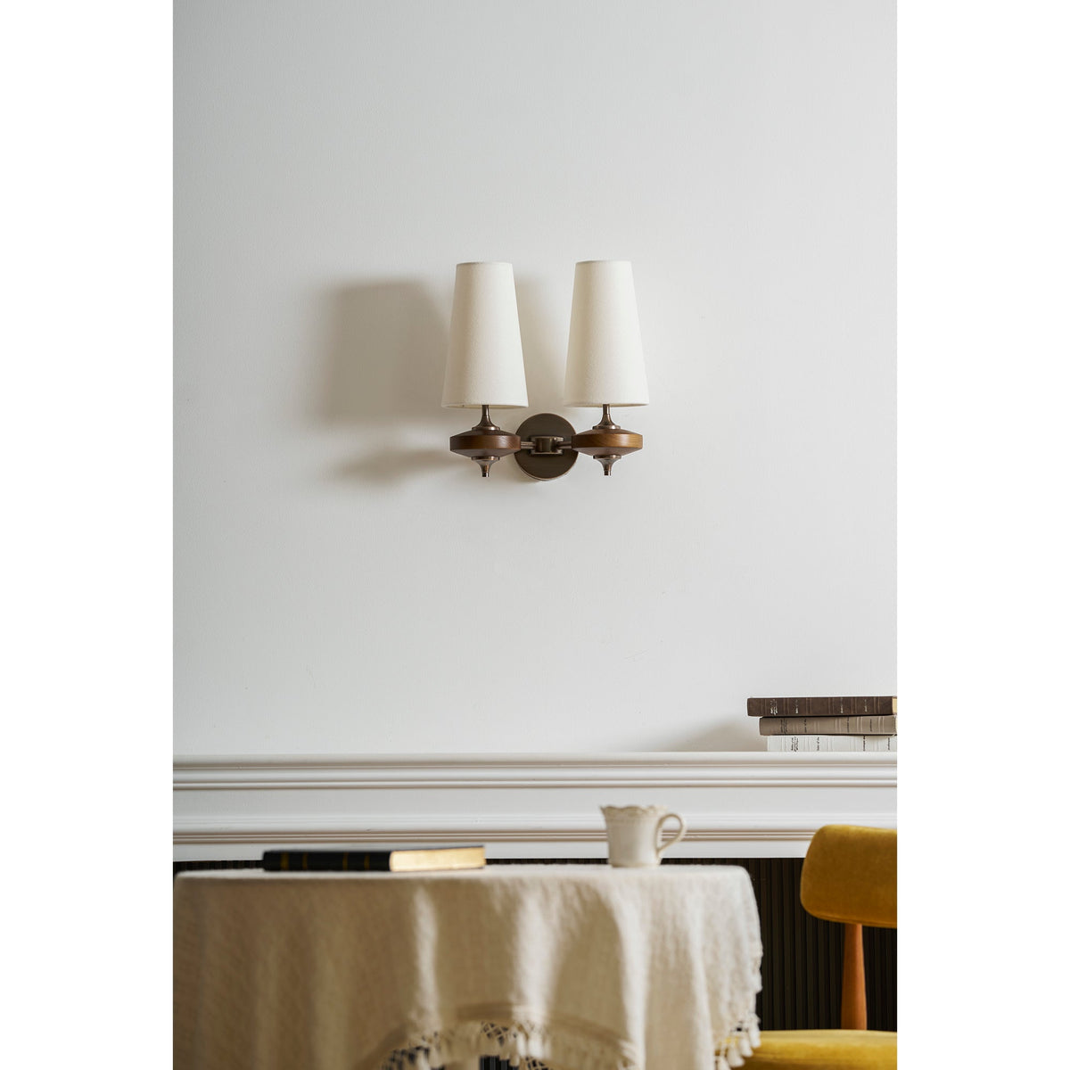 Orlan Twin Fabric Shade Wall Sconce in Walnut and Bronze